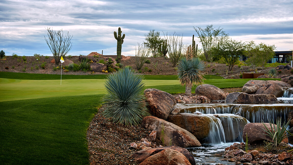 Waterfall beside green at Seven Desert Mountain with desert cacti, native plants, and rocky terrain under a cloudy sky